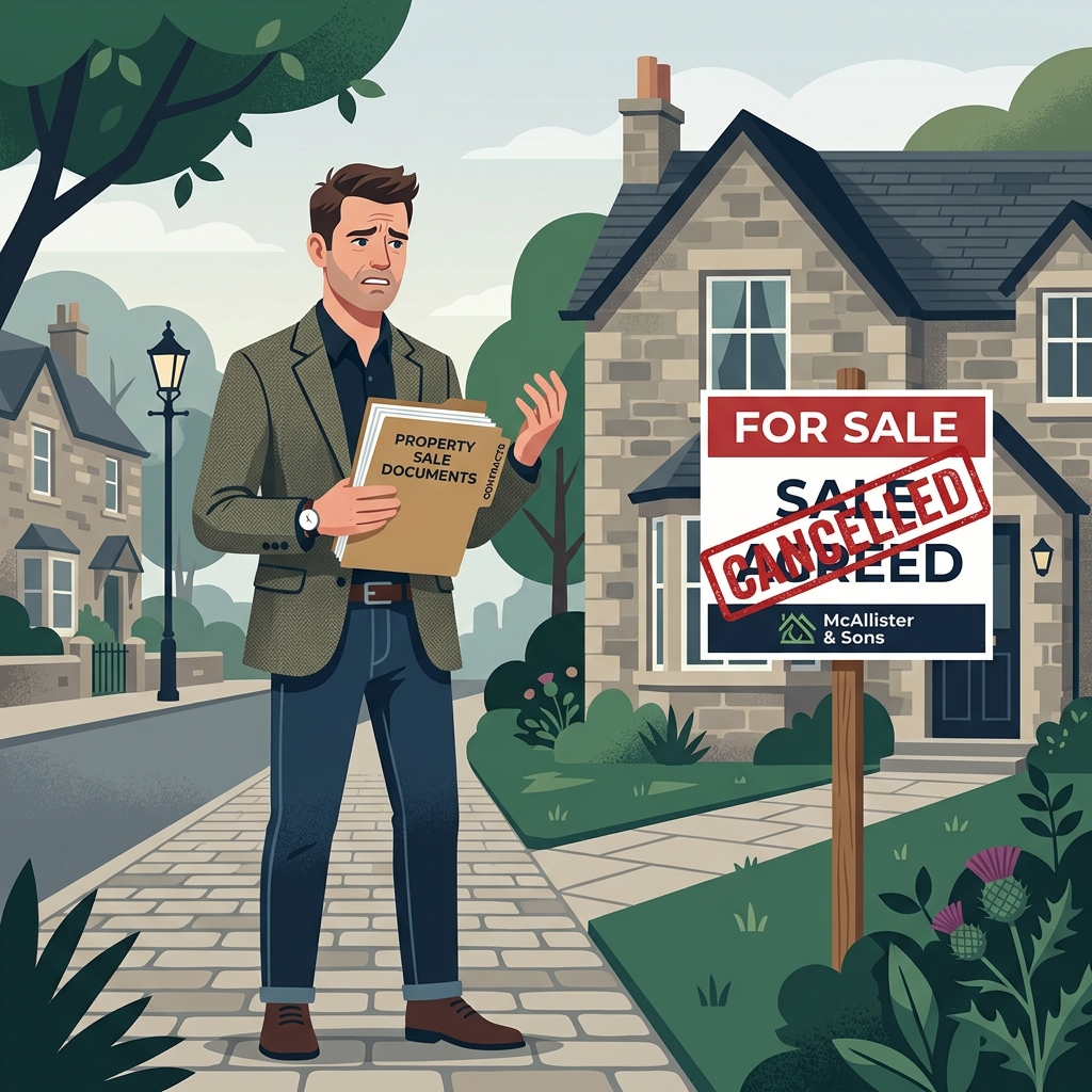 A frustrated seller with a Cancelled stamp on a Sale Agreed sign