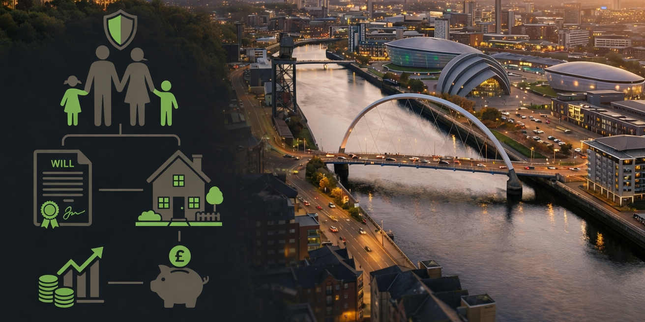 Glasgow skyline at golden hour representing estate planning and family property protection