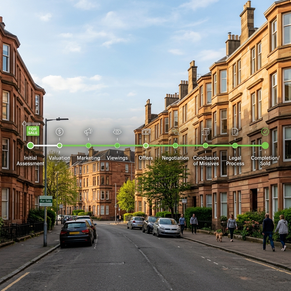 Glasgow tenement street with calendar timeline overlay representing selling timelines