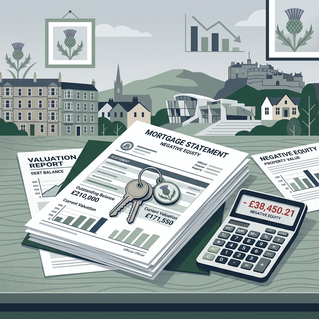 A set of house keys resting on a stack of financial documents, representing negative equity.