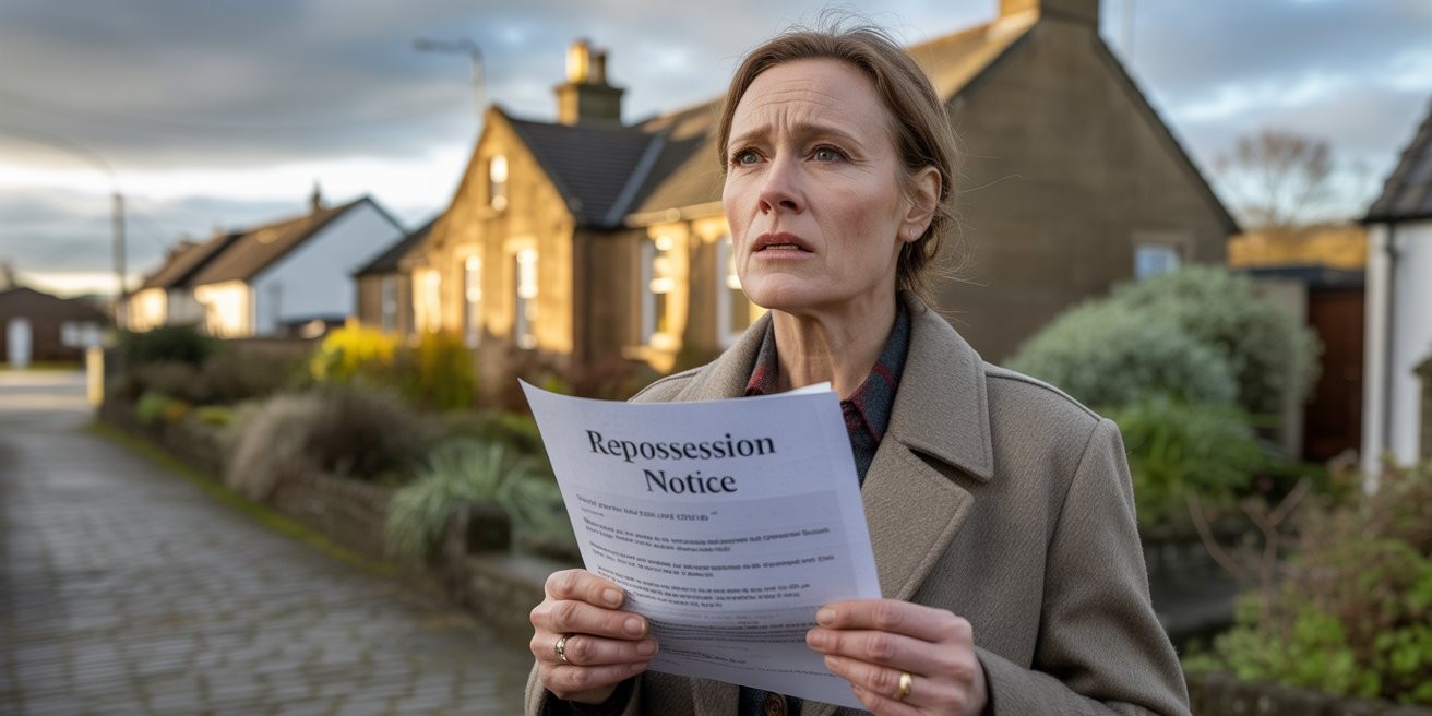 Worried homeowner outside a house in Scotland reading a mortgage arrears or repossession notice