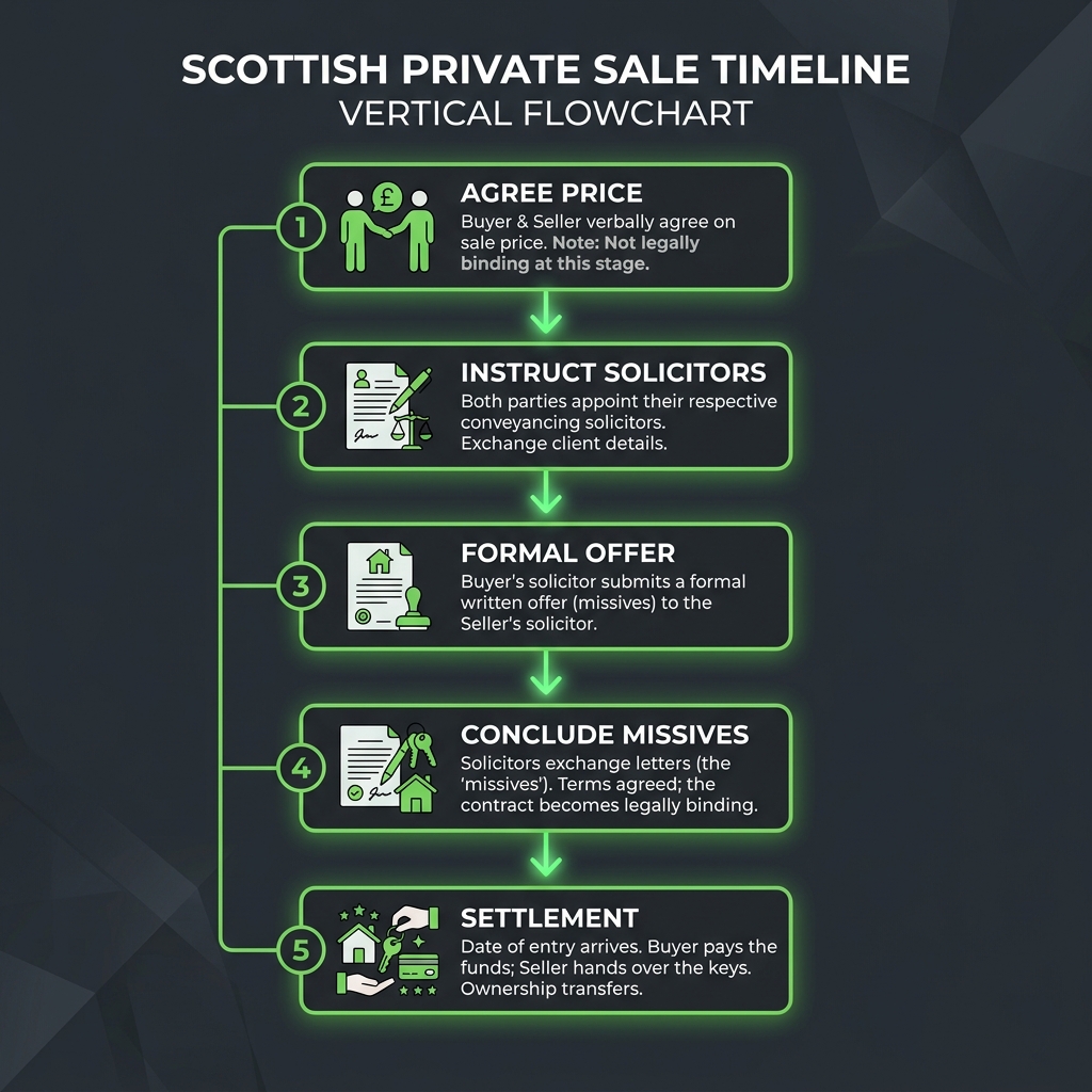 Flowchart showing the legal steps of a Scottish private house sale from agreeing a price to concluding missives and settlement.