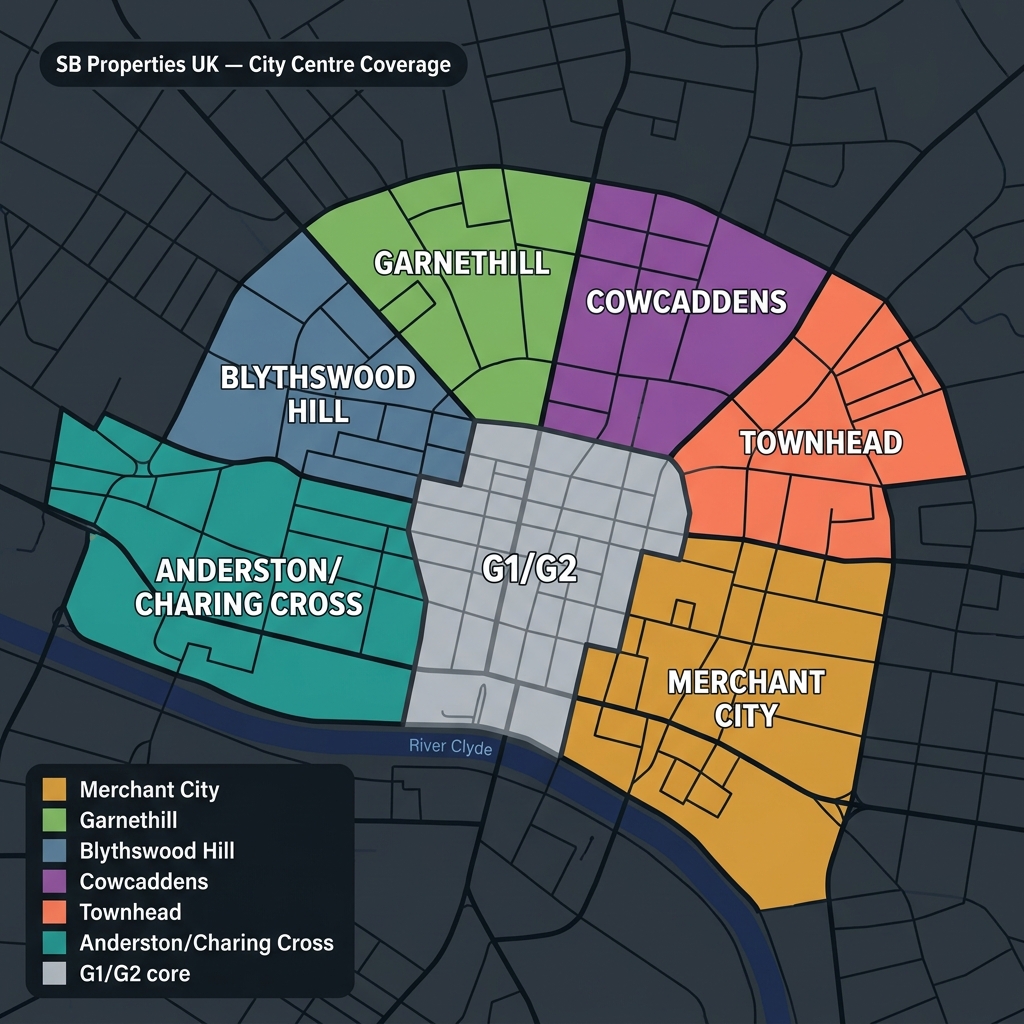 Map of Glasgow City Centre neighbourhoods covered by SB Properties UK