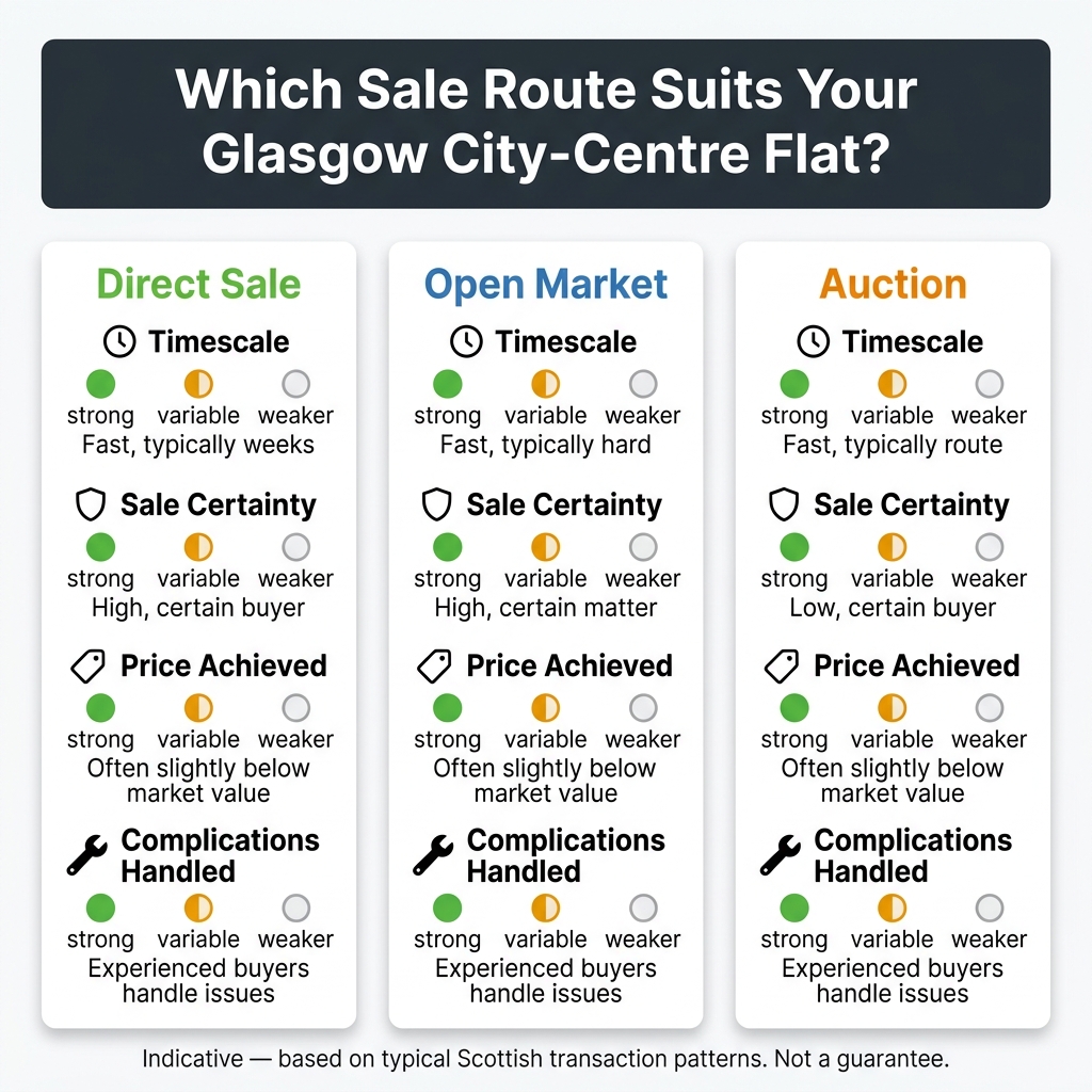 Comparison of direct sale, open market, and auction for Glasgow flats